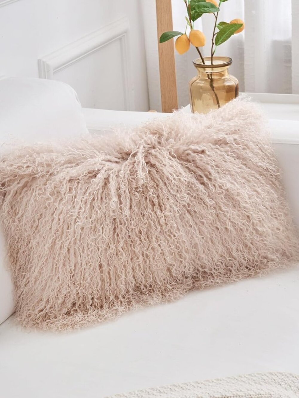 Soft Mongolian Lamb Fur Throw Pillow Cover 12 x 20 inch, Dusty Pink, zip feature